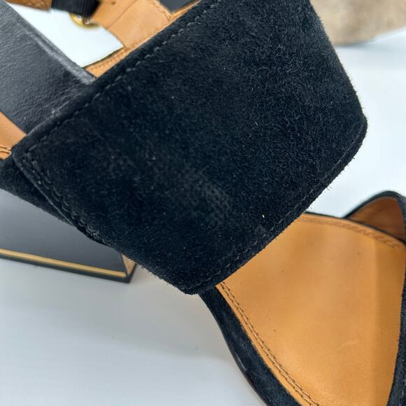 Tory Burch Selby Slingback Wedge Sandals 7.5 Black Suede Leather Gold Buckle - Picture 9 of 16